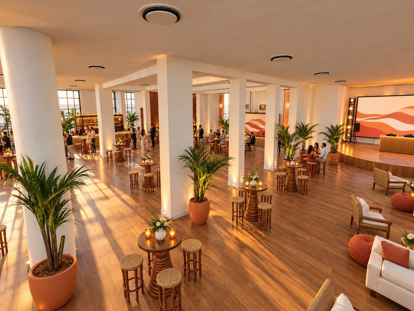 Coquetel corporativo com mesas altas e lounge no Espaço Oceania